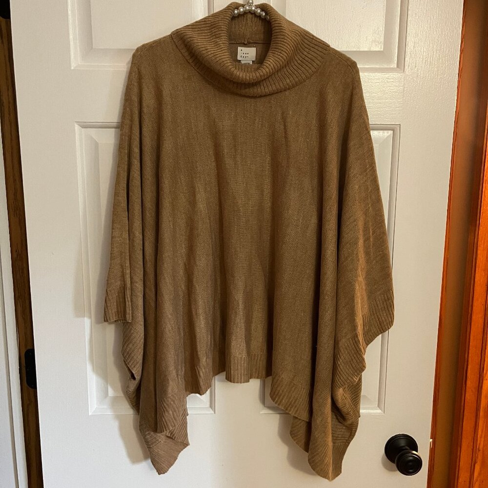 A New Day Ladies Camel Color Cowl Turtleneck Knit Poncho Sweater One Size